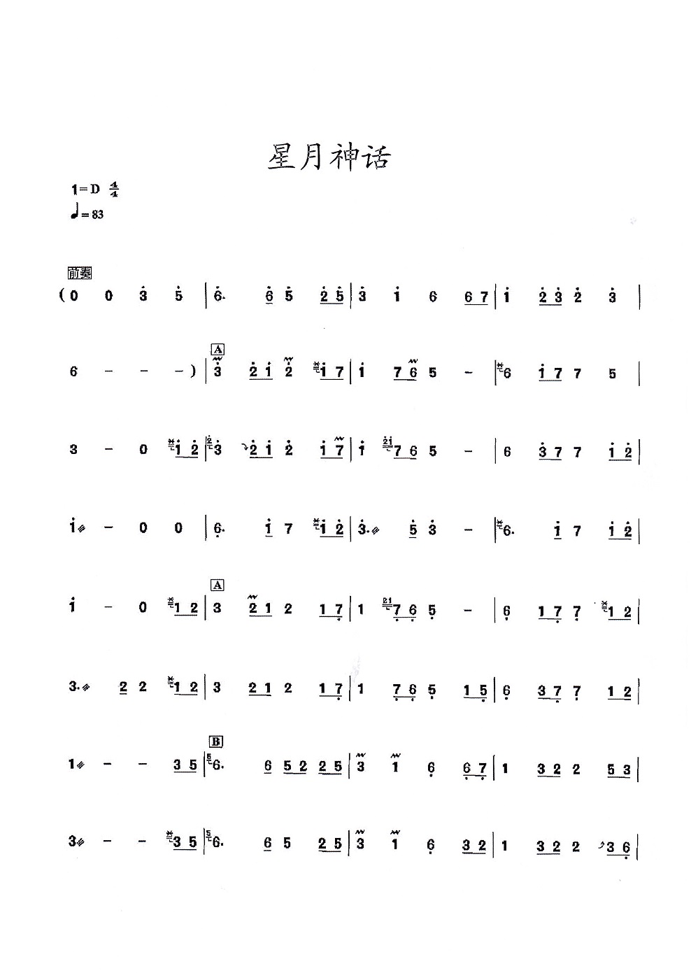 歌曲《星月神话》古筝D调完整版简谱及伴奏